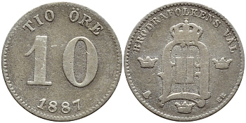 Швеция 10 эре 1887 EB, Оскар II (1872-1907) король Швеции и Норвегии KM 755 серебро 1530-534