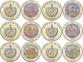 Куба набор из 6 монет по 1 песо 1995 пираты карибского моря, цветная эмаль KM 472, 473, 474, 475, 476, 477 медно-никель UNC 4-5-1-10