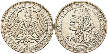 Германия 3 марки 1928 D, 400 лет со дня смерти Альбрехта Дюрера J. 332, KM 58 серебро  aUNC  00-00
