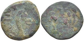 Римская Империя, Провинция Иудея прута 30/31 год император Тиберий, прокуратор Понтий Пилат, греческая легенда 'ТИБЕРИЯ КЕСАРЯ', культовый посох Авгура (lituus) / дата в венке, Иерусалим RPC 4968 медь 1073-21-53