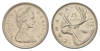 Канада 25 центов 1972 Елизавета II (1952-2022), олень KM 62b никель 4631-615