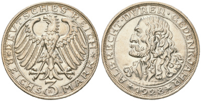 Германия 3 марки 1928 D, 400 лет со дня смерти Альбрехта Дюрера J. 332, KM 58 серебро  aUNC  00-00