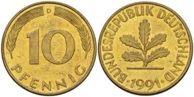 ФРГ 10 пфеннигов 1991 D KM 108, J. 383 сталь плакированная латунью 4175-1124