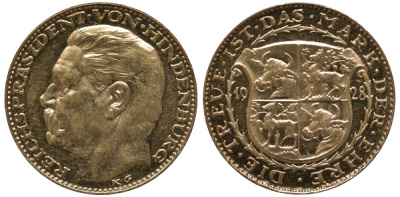 Германия медаль 1928 Гинденбург, вес 6,54 гр., медальер Карл Гетц Kienast-416 золото PROOF 00-000-00