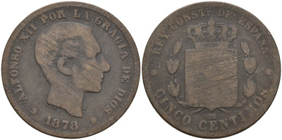 Испания 5 сентимо 1878 Альфонсо XII (1875 - 1885) KM 674 бронза 4155-155