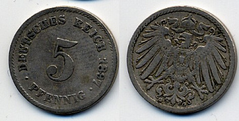 ГЕРМАНИЯ 5 ПФЕННИГОВ 1897 G, KM 11, J. 12 медно-никель 51-5269