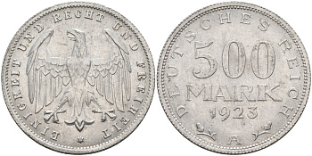 Германия 500 марок 1923 А KM 36, J.305 алюминий 221-631