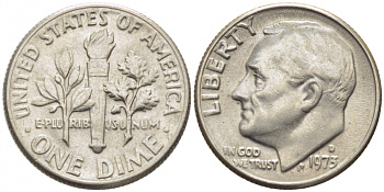 США 10 ЦЕНТОВ = 1 ДАЙМ 1973 D, РУЗВЕЛЬТ KM 195а медь плакированная медно-никелем 105-1048