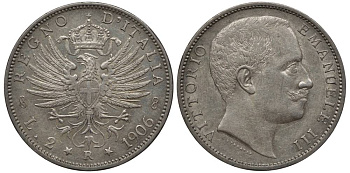 Италия 2 лиры 1906 R, Виктор Эммануил III (1900-1948), Савойский орел (символ Рима), KM 33 серебро 00-821-42