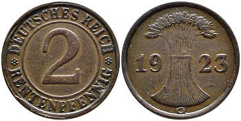 ГЕРМАНИЯ 2 РЕНТЕНПФЕННИГА 1923 G, ВЕЙМАРСКАЯ РЕСПУБЛИКА (1919-1933) KM 31, Jager 307, Weege 3 бронза 4546-755
