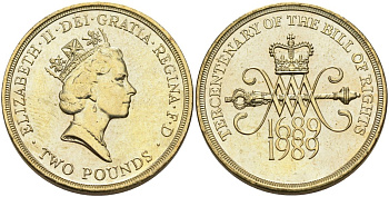 Великобритания 2 фунта 1989 Елизавета II (1952-2022), 300 лет "Биллю о правах" Англии KM 960, Spink 4312 (K2) никель латунь UNC 4557-411