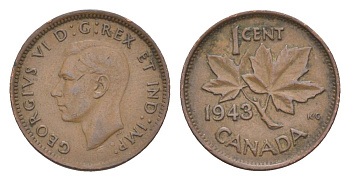 Канада 1 цент 1943 Георг VI (1936-1952), кленовый лист KM 32 бронза 4630-516