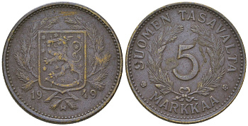 Финляндия 5 марок 1949 H KM 31a латунь 4586-516