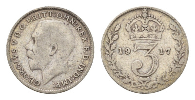 Великобритания 3 пенса 1917 Георг V (1910-1936) KM 813, Spink 4015 серебро 4643-1138
