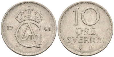 Швеция 10 эре 1968 Густав VI Адольф (1950-1973) KM 835 медно-никель 4585-359