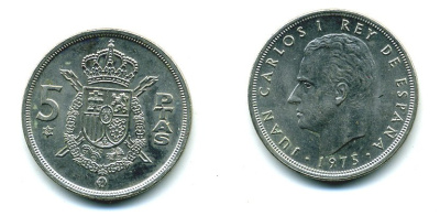Испания 5 песет 1975 (80) Хуан Карлос I (1975-2014) KM 807 медно-никель 25-2045