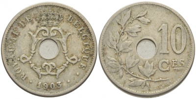 БЕЛЬГИЯ 10 САНТИМОВ 1903 BELGIQUE KM 48 медно-никель 4448-815