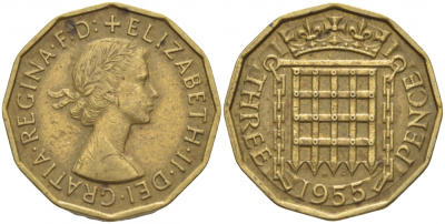 Великобритания 3 пенса 1955 Елизавета II (1952-2022) KM 900, Spink 4153 никель латунь 175-1031