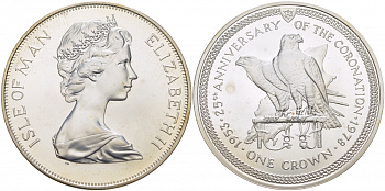 Остров Мэн 1 крона 1978 25 лет коронации королевы Елизаветы II, соколы KM 43a серебро UNC 11-173-45