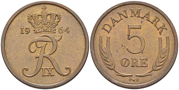 ДАНИЯ 5 ЭРЕ 1964 C; S, ФРЕДЕРИК IX (1947-1972) KM 848.1 бронза 67-745