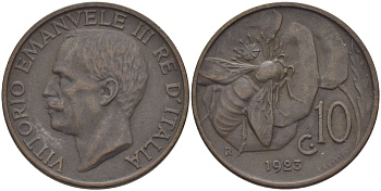 ИТАЛИЯ 10 ЧЕНТЕЗИМО 1923 R, ПЧЕЛА, ВИКТОР ИМАНУИЛ III KM 60 медь 28-113