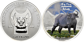 ДР Конго 240 франков 2008 серия 5 крупнейших животных Африки (Big Five), водяной буйвол, цветная эмаль  серебро  PROOF  11-147-43