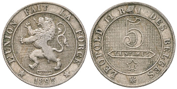 Бельгия 5 сантимов 1895 DES BELGES, Леопольд II (1865-1909) KM 40 медно-никель 4617-615