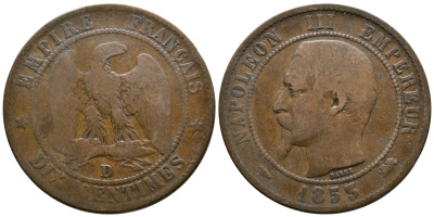 ФРАНЦИЯ 10 САНТИМОВ 1853 D, НАПОЛЕОН III (1852-1870) KM 771.4 бронза 08-1213