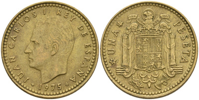 Испания 1 песета 1975 (77) Хуан Карлос I (1975-2014) KM 806 алюминиевая бронза 4604-157