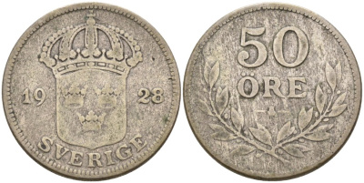 Швеция 50 эре 1928 W, Густав V (1907-1950) KM 788 серебро 92-1241