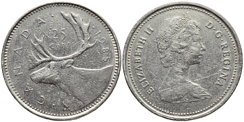 КАНАДА 25 ЦЕНТОВ 1985 ОЛЕНЬ KM 74 никель 4397-112