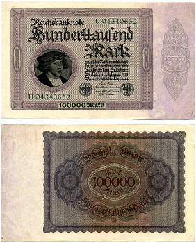 ГЕРМАНИЯ 100000 МАРОК 1923 1 ФЕВРАЛЯ 1923, НОМЕР ВОСЬМИЗНАЧНЫЙ, СЕРИЯ U Pick 83, Роземберг 82a бумага XF 7553-44-2