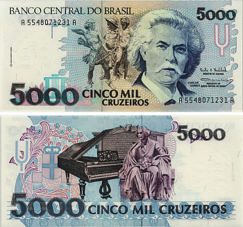 Бразилия 5000 крузейро ND (1990-1993) серия А 5548, Карлось Гомес, музыкант, рояль Pick 232с бумага UNC (пресс) 8605-41-1-1