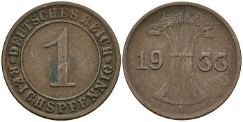 Германия 1 рейхспфенниг 1933 A KM 37, J. 313 бронза 4189-1216