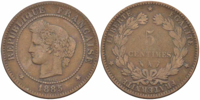 ФРАНЦИЯ 5 САНТИМОВ 1885 A, ТРЕТЬЯ РЕСПУБЛИКА (1871-1940) KM 821.1, LE FRANC 118.28 бронза 108-731