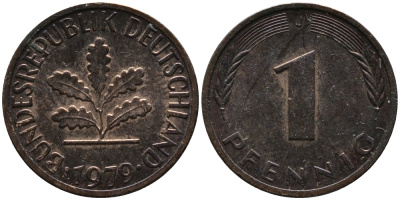 ФРГ 1 пфенниг 1979 J KM 105, J.380 сталь плакированная медью 99-343