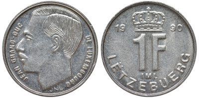 Люксембург 1 франк 1990 Герцог Жан (1964-1999) KM 63 сталь плакированная никелем 4532-836