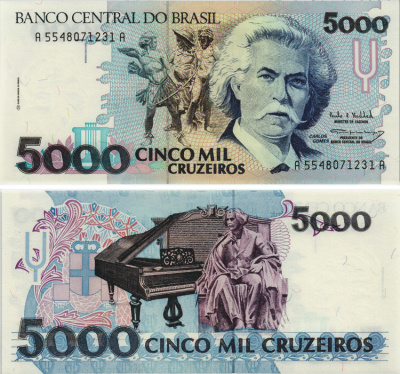 Бразилия 5000 крузейро ND (1990-1993) серия А 5548, Карлось Гомес, музыкант, рояль Pick 232с бумага UNC (пресс) 8605-41-1-1
