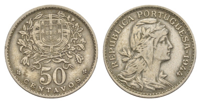 Португалия 50 сентаво 1944 KM 577 никель латунь 4651-755