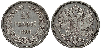 РОССИЯ ДЛЯ ФИНЛЯНДИИ 25 ПЕННИ 1890 L, АЛЕКСАНДР III KM 6.2, Биткин 239 серебро 443-814