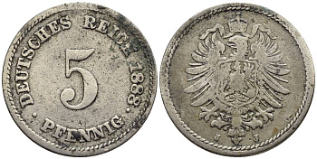 ГЕРМАНИЯ 5 ПФЕННИГОВ 1888 J, СТАРОГЕРБОВКА KM 3, Jager 3, Weege 5 медно-никель 4546-1057