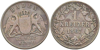 Баден 1 крейцер 1867 Великий Герцог Фридрих I (1856-1907) КМ 242 медь 117-835
