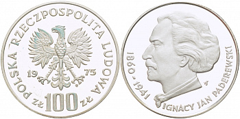 Польша 100 злотых 1975 MW, Игнаций Ян Падеревский (1860-1941) KM 77, Parchimowicz 273 серебро PROOF 1082-1-21