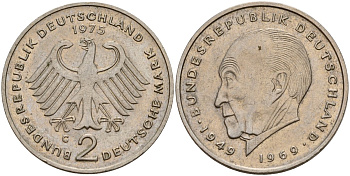 ФРГ 2 марки 1973 G, Конрад Аденауэр KM 124, J. 406 медно-никель 4159-1226