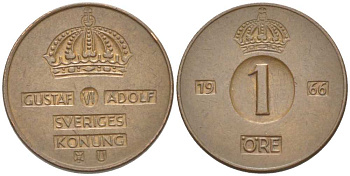 Швеция 1 эре 1966 U, Густав VI Адольф (1950-1973) KM 820 бронза 4516-427