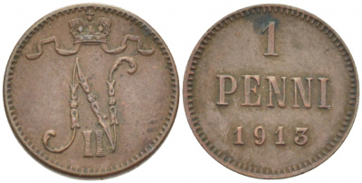 РОССИЯ ДЛЯ ФИНЛЯНДИИ 1 ПЕННИ 1915 НИКОЛАЙ II KM 13, Биткин 475 медь 211-1116