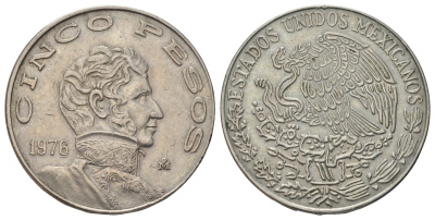 Мексика 5 песо 1976 Mo, Винсенте Герреро KM 472 медно-никель 4587-632