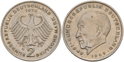 ФРГ 2 марки 1973 G, Конрад Аденауэр KM 124, J. 406 медно-никель 4159-1226