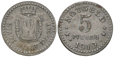 Вайльхайм в Обербайерне (Бавария) 5 пфеннигов 1919 Funck 585.5, Men18 33038.2 железо aUNC 1524-545