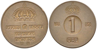Швеция 1 эре 1966 U, Густав VI Адольф (1950-1973) KM 820 бронза 4516-427